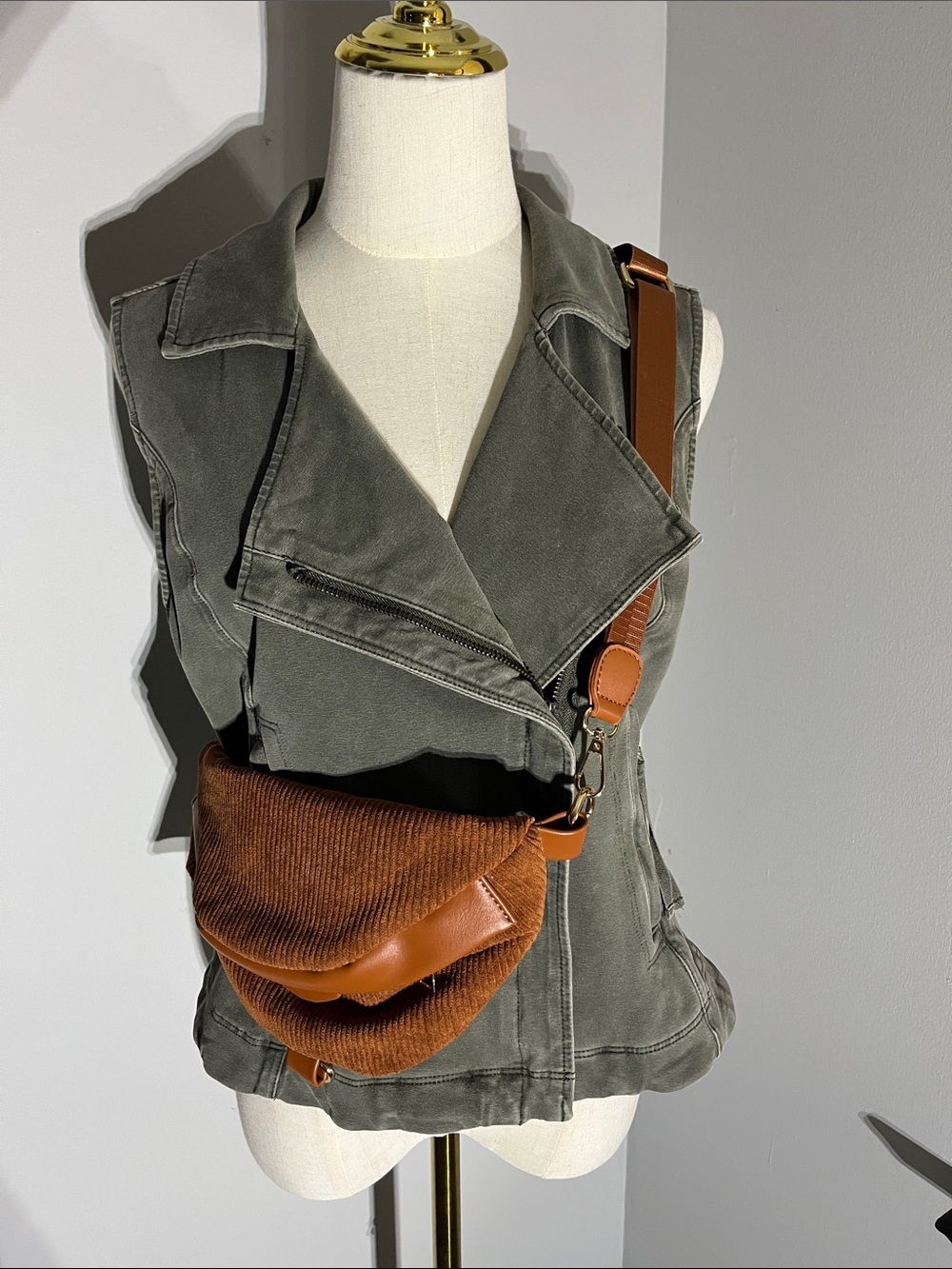Marrakech Sleeveless Moto Vest in Olive - Size S - Includes Brown Crossbody
